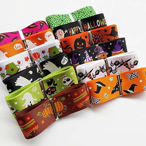 Chenkou Craft 12 Yards 1" 25mm Halloween Grosgrain Ribbon Assorted Wizard Pumpkin Lantern Ghost Spider Skull Castle (1" (25mm) Halloween)