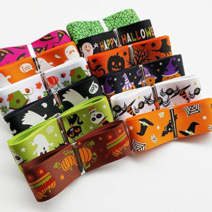 Chenkou Craft 12 Yards 1" 25mm Halloween Grosgrain Ribbon Assorted Wizard Pumpkin Lantern Ghost Spider Skull Castle (1" (25mm) Halloween)