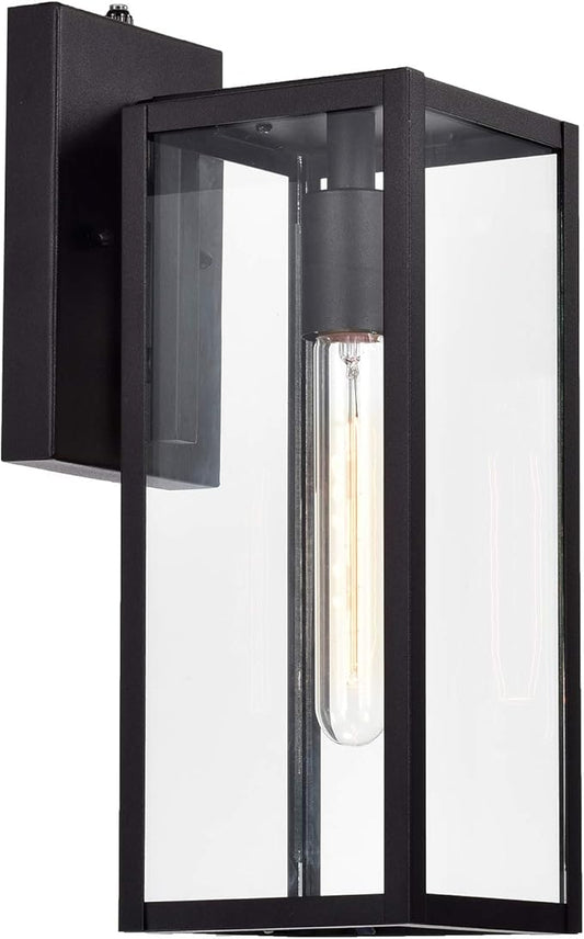 MICSIU Dusk to Dawn Outdoor Lighting, 14.5 Inch Exterior Wall Mount Lantern with Clear Glass, Industrial Textured Black Outside Lighting for Front Porch