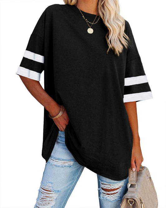 Fisoew Womens Oversized Tees Loose T Shirts Half Sleeve Crew Neck Color Block Cotton Tunic Tops Black