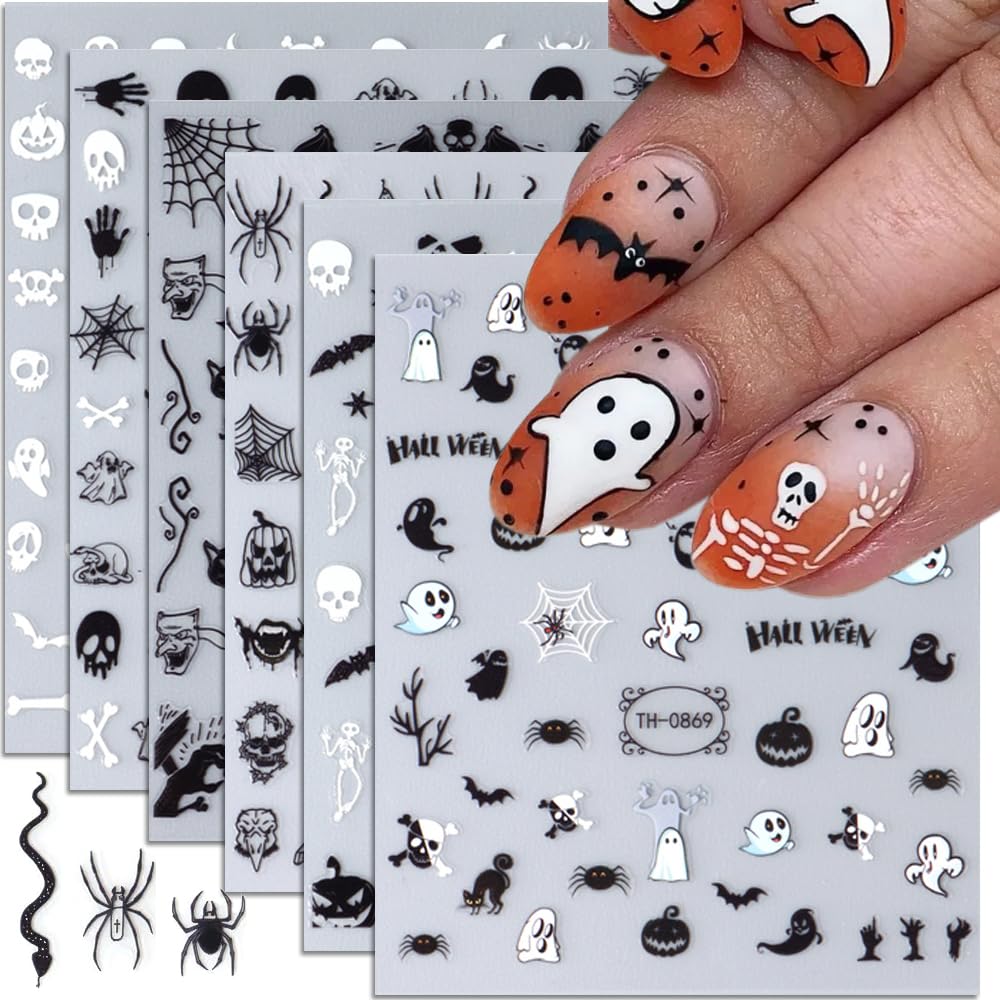 Halloween Nail Stickers, 6 Sheets Black Ghost Nail Decals 3D Self-Adhesive Small Horror Pumpkin Witches Bat Ghost Spider Halloween Pattern Black White Holiday Nail Art Design for Women Kids
