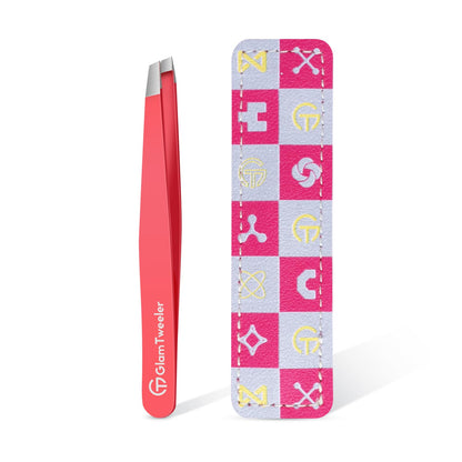 Expert Eyebrow Hair Removal Tweezer with Leather Case, GlamTweeler High Precision Slant Tip Stainless Steel Tweezers for Men and Women (Hot Pink)