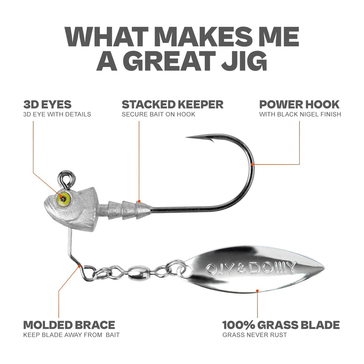 6-Pack Underspin Jig Heads with 100% Brass Blade (Never Rust) - 3/16oz, 1/4oz, 3/8oz, 1/2oz - Bass & Saltwater Fishing