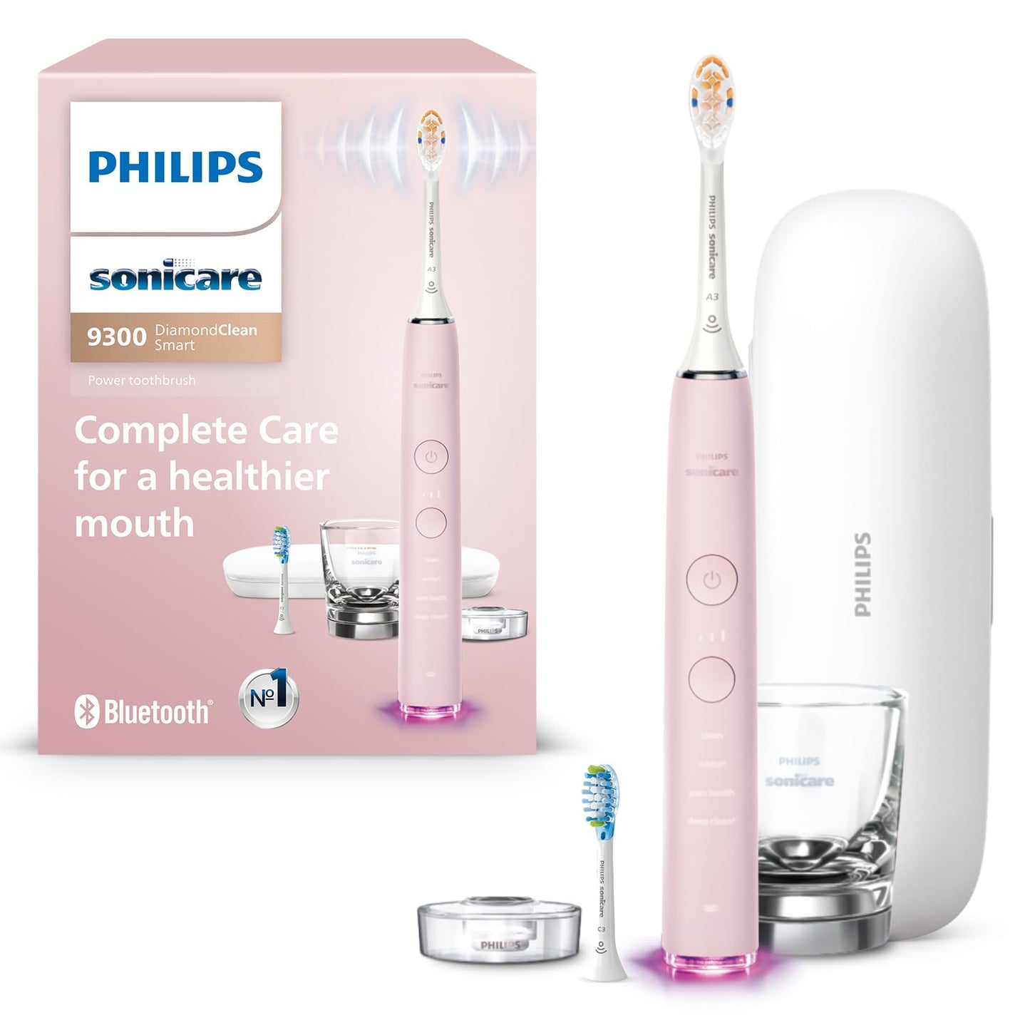 Philips Sonicare DiamondClean Smart 9300 Electric Toothbrush, Sonic Toothbrush with App, Pressure Sensor, Brush Head Detection, 4 Brushing Modes and 3 Intensity Levels, White, Model HX9903/05