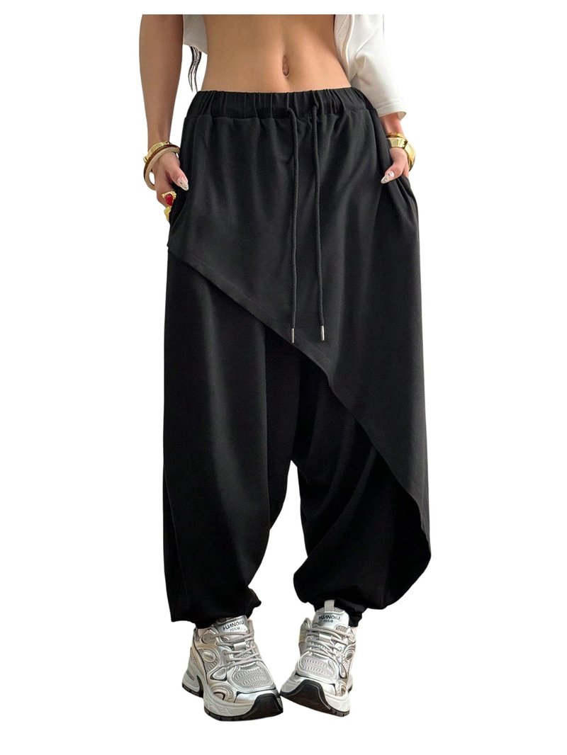 RoseSeek Women's Hippie Baggy Harem Pants Drawstring Waist Drop Crotch Trousers Asymmetrical Wrap Streetwear Black X-Large