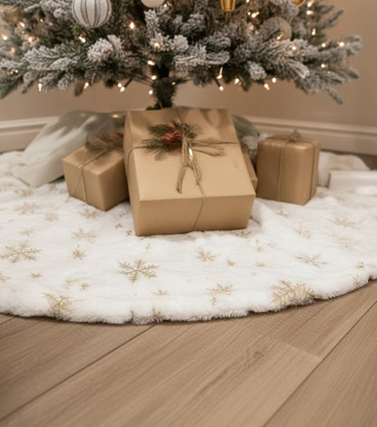 AOGU 48 Inch Sequin Faux Fur Christmas Tree Skirt Decoration for Merry Christmas Party White Plush Gold Sequin Snowflake Xmas Christmas Tree Skirt Decorations
