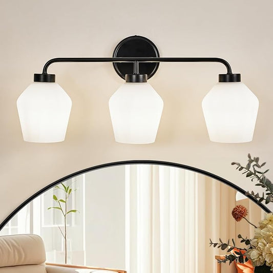 ANDY STAR Black Bathroom Light Fixture, 3-Light Bathroom Vanity Light, 25" Geometric Wall Light with Milky White Frosted Glass Shade, Industrial Metal Wall Sconce, E26 Base, Easy Installation
