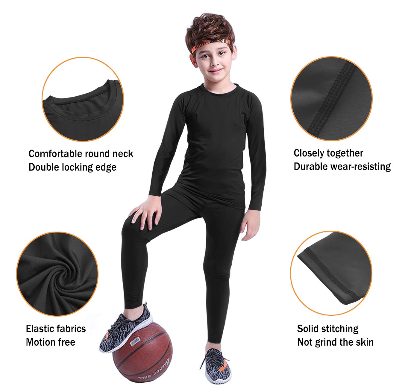 HOPLYNN Youth Boys' Compression Leggings Athletic Shirt Tights Top Base Layer Set Sports Youth for Kids Balck S