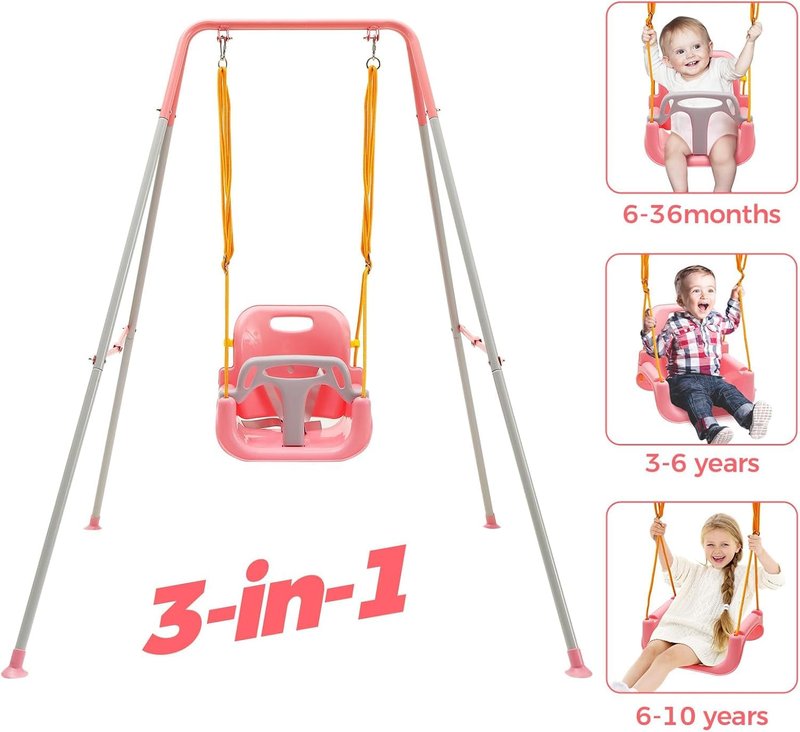 FUNLIO Toddler Swing with Foldable Metal Stand for Toddlers Aged 1~10 Years, 3-in-1 Baby Swing Set with 4 Sandbags for Backyard/Indoor/Outdoor Play, Easy to Assemble & Store, Pink