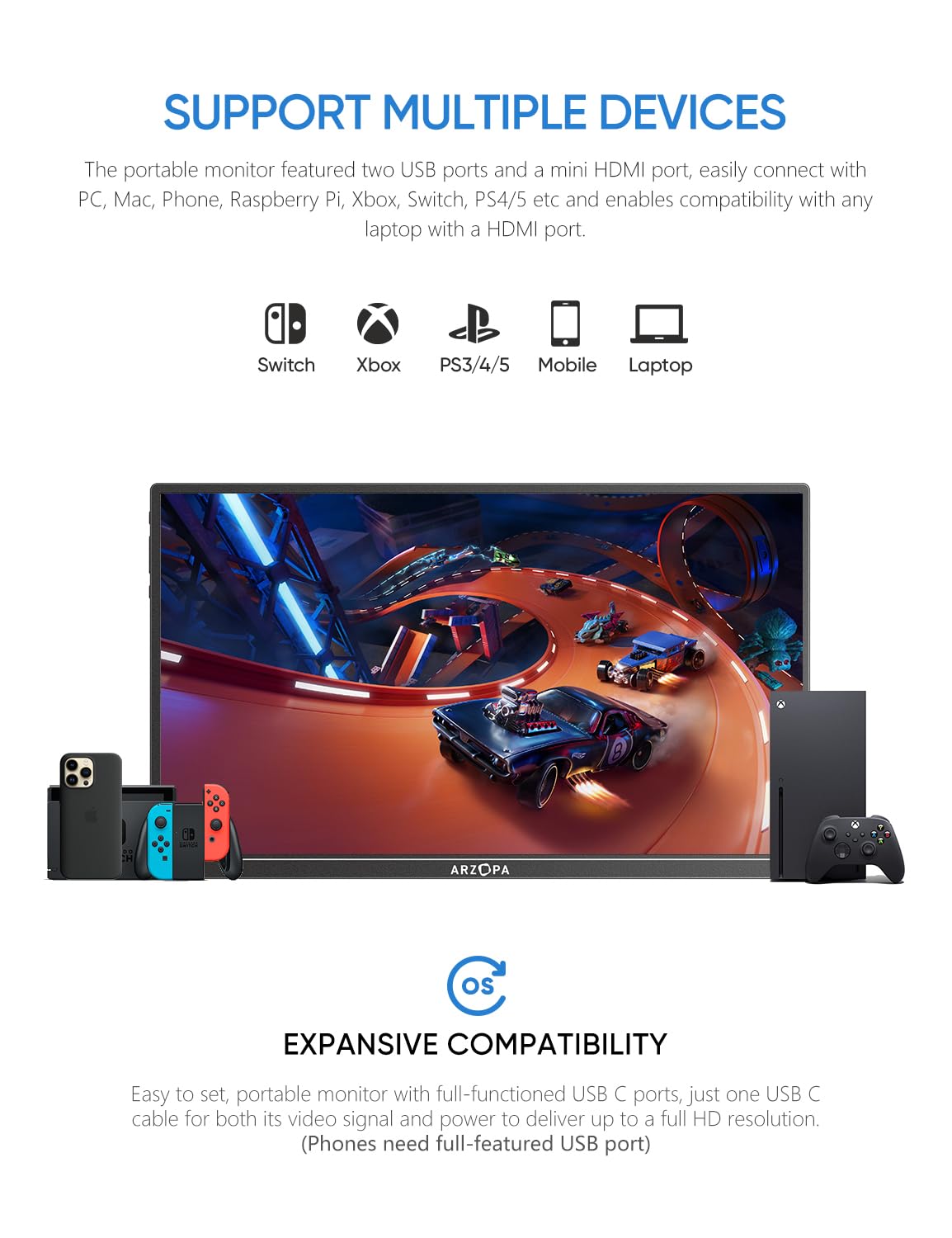ARZOPA 17.3" Portable Monitor, 1080P FHD 103% sRGB IPS Gaming Monitor Laptop Monitor with Built-in Kickstand HDMI USB C External Screen for PC Mac Phone Xbox PS5 - A1M