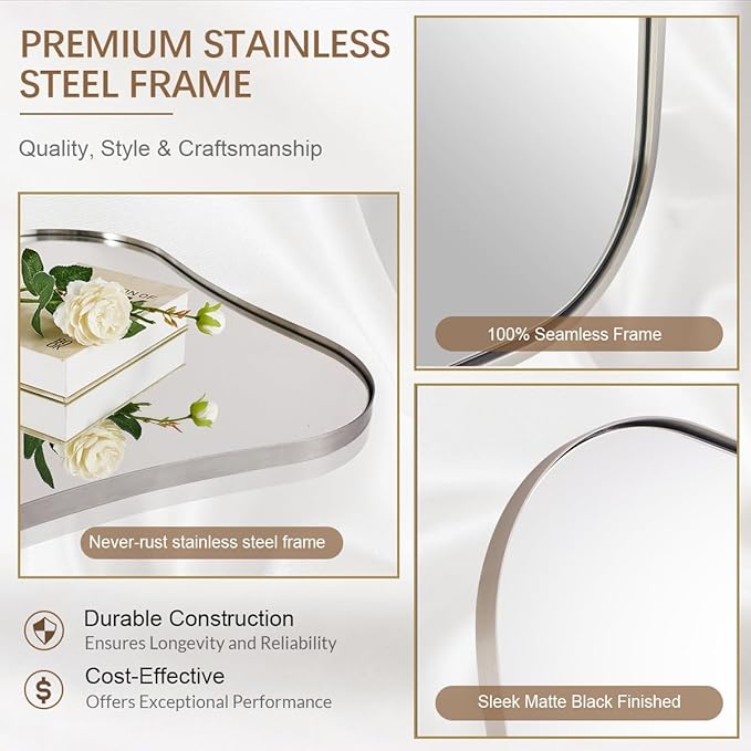 ANDY STAR 30x30 Inch Brushed Nickel Bathroom Mirror,Square Scallope Mirror with Unique Notched Edges Design in 1 Inch Stainless Steel Metal Frame Wall Mounted Mirror for Home Bathroom