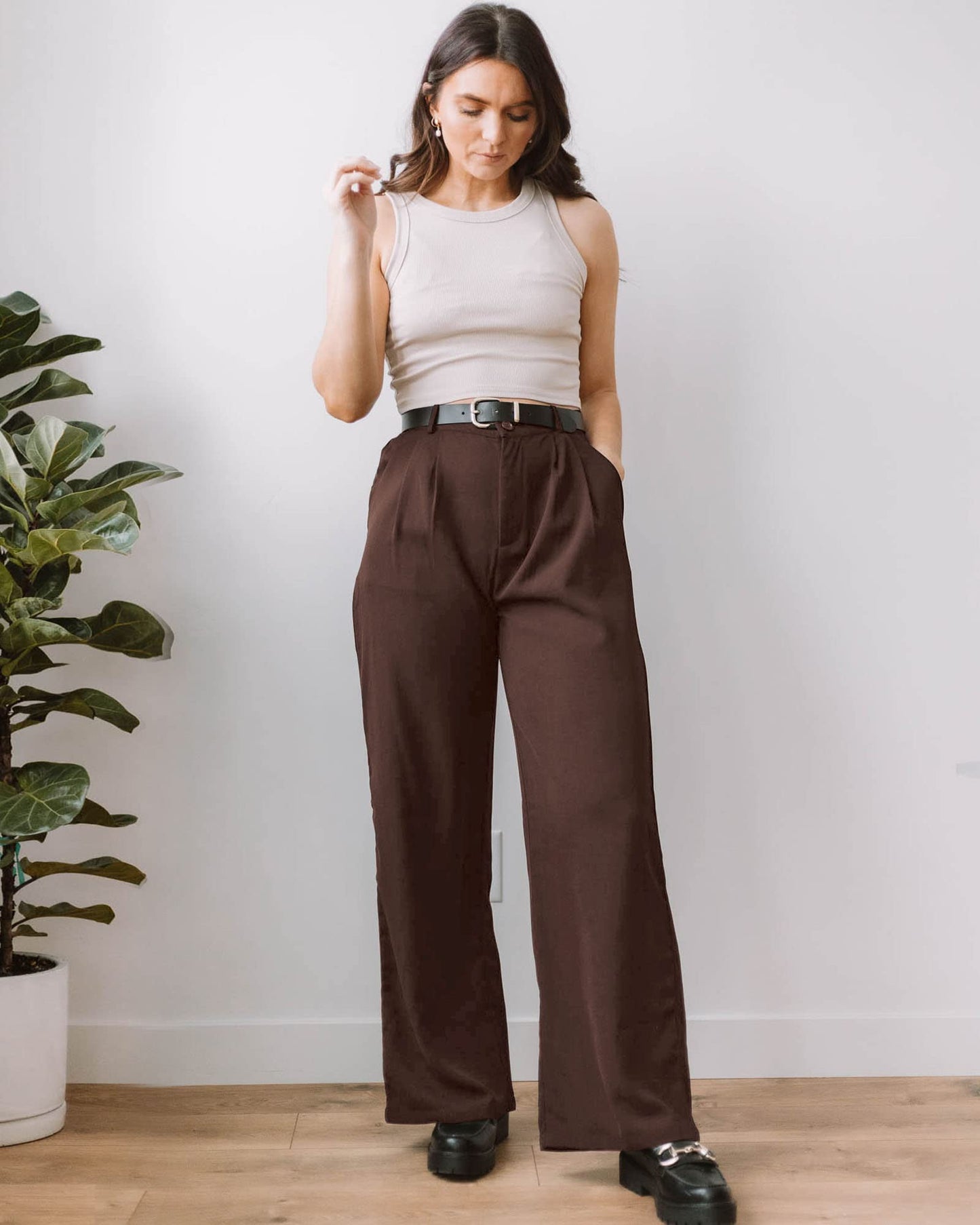 GRAPENT Business Pants - Old Money Style, High Waisted Wide Leg, Brown Chocolate Slacks for Women - Size XXL/20-22
