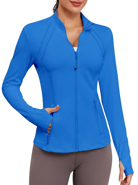VUTRU Women Athletic Zip Up Jacket Lightweight Workout Long Sleeve Cooling Shirts with Thumb Holes and Pockets for Gym Yoga Blue L