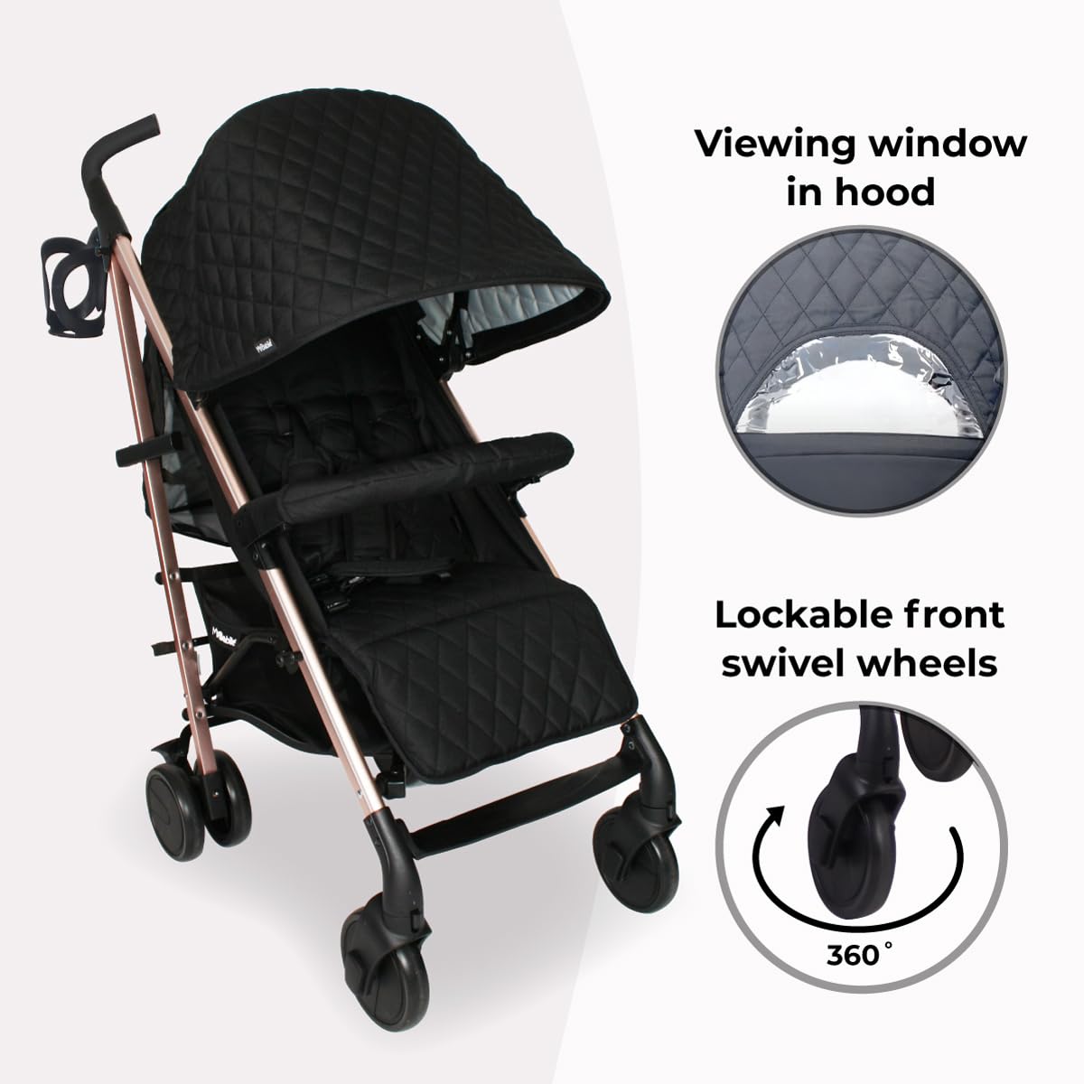 My Babiie MB51 Stroller – from Birth to 4 Years (22kg), Lightweight, Umbrella Fold, Travel Buggy for Toddlers, Pushchair Includes Footmuff, Cup Holder, Rain Cover - Black Quilted