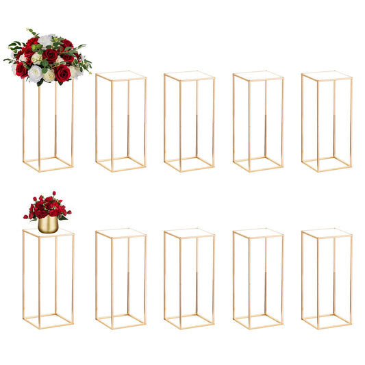 Nuptio Wedding Centerpieces Gold Vases: 10 Pcs 23⅝ inch Tall Flower Stand Metal Floor Vase Column Geometric Centerpiece Stands Rectangular Display Rack for Weddings Party Decoration