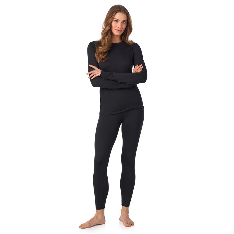 Cuddl Duds Womens Heavyweight Fleece 2 Piece Long Sleeve Thermal Underwear Set – Shirt & Leggings Base Layer for Cold Weather – Winter Clothing Long Johns Lounge Sets for Women, Black, XS