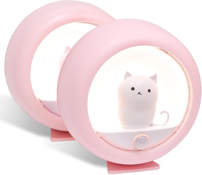 Attivolife Cat Rechargeable Motion Sensor Night Light, Magnetic Nightlights with Adjustable Brightness, Warm White LED Stick Anywhere Cat Lamp for Wall Bedroom Closet Stairs Cabinet (Pink 2 Pack)