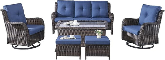 Rilyson Wicker Patio Furniture Set - 6 Piece Rattan Outdoor Sectional Conversation Sets with 2 Swivel Rocking Chairs,2 Ottomans,1 Sofa and 1 Coffee Table for Porch Deck Garden(Brown/Blue)