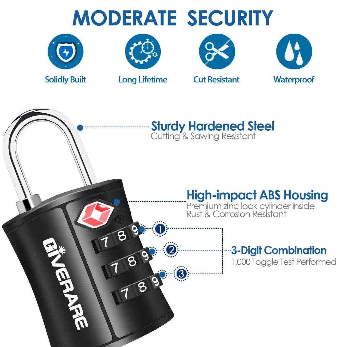 4 Pack TSA Approved Travel Luggage Locks, Combination Lock Keyless, 3-Digit Padlocks, Travel Sentry Accepted Compatible Padlock for Gym Locker, Golf Bag Case, Backpack, Black-by GIVERARE