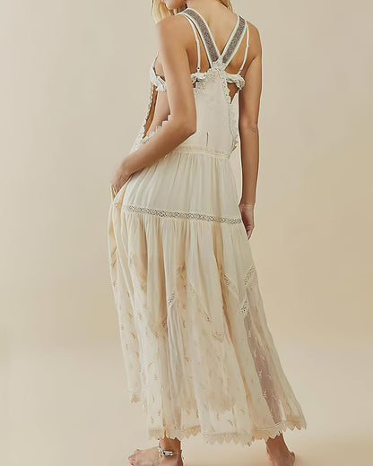 ebossy Women's Laced Embroidered Tulle Bib Dress Casual Loose Adjustable Straps Maxi Dress (M, Apricot)