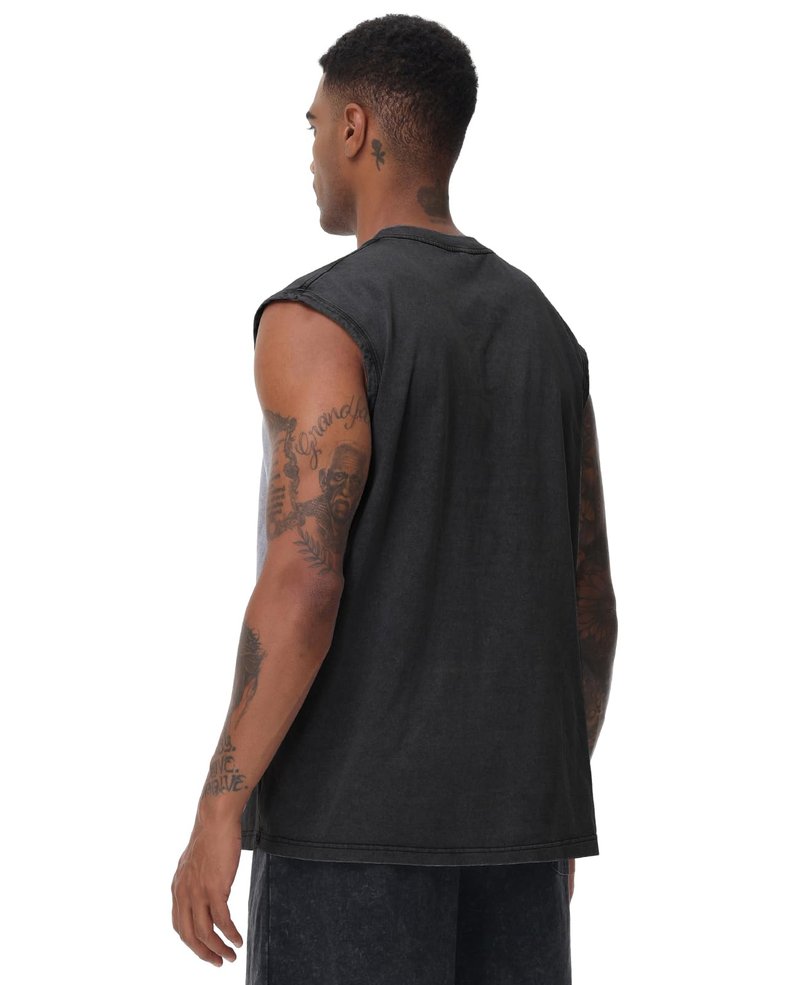 SnowElve Mens Workout Tank Tops Sleeveless Tee Shirts Men Muscle Shirt Gym Acid Wash T Shirts Running Beach Loose Fit Tee(BK,L) Black
