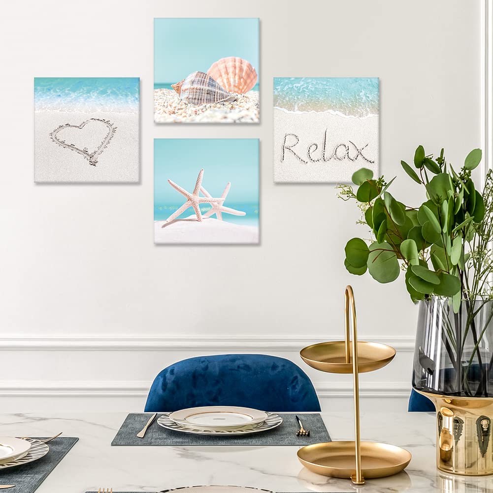 Artscope 4 Pieces Wall Art Canvas Prints - Seashell Starfish and Beach Picture Painting - Modern Wall Artwork Framed for Gifts Bathroom Home Kitchen Office Decor - 30 x 30 CM