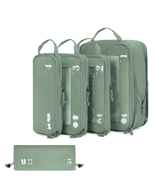 ECOHUB 5 Set Compression Packing Cubes for Suitcases Organiser Bags Set Travel Essentials with Shoe Bags for Travel Tear-resistant Travel Accessories with ID Tag Expandable Packing Bags(Green)