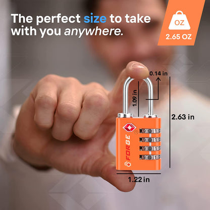 Forge Dual-Opening: Key or Combination Access Lock, TSA Approved Locks for Luggage, Pelican case, Travel, Gym, School, Stainless Steel Shackle.(Orange, 2 Pk)