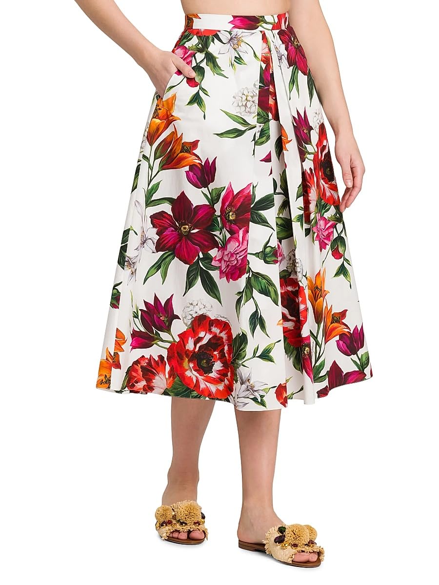 Dolce&Gabbana, Rafia Fiori Floral Pleated Cotton Poplin Midi-Skirt, 36 (0), White Print Flower