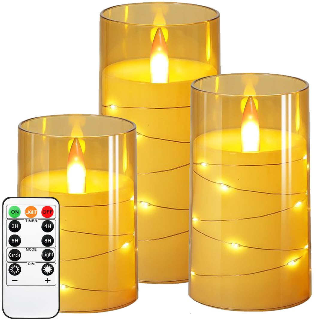 Kiexung Flashing Flameless Candles with String Light, Battery Powered Candle, Recessed String LED Candles, Indestructible Plexiglass Candle with Remote Control, Set of 3, Amber