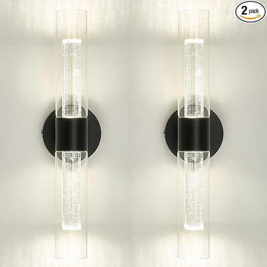 kudos Black Bathroom Sconces Wall Lighting,2 Pack LED Wall Lights with Crystal Bubble and Clear Glass, 3000K/4500K/6000K Adjustable,KDVL05-BK-2-2PK