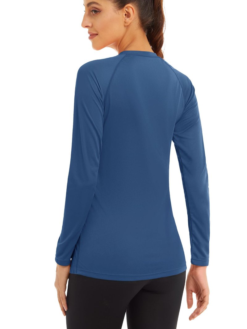 MAGCOMSEN Women's Fitted Running Shirts - Sun Protection Rashguard Long Sleeve Shirts Blue Grey