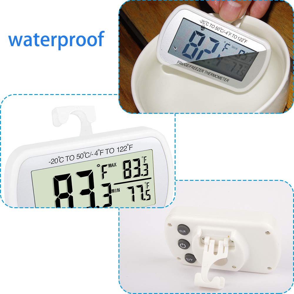 Refrigerator Thermometer Digital Fridge Freeze Room Thermometer Waterproof Large LCD Display Max/Min Record Function, White