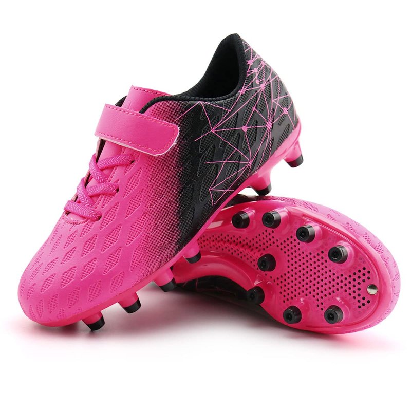 brooman Kids Firm Ground Soccer Cleats Boys Girls Athletic Outdoor Football Shoes(3.5,Fuchsia Black)