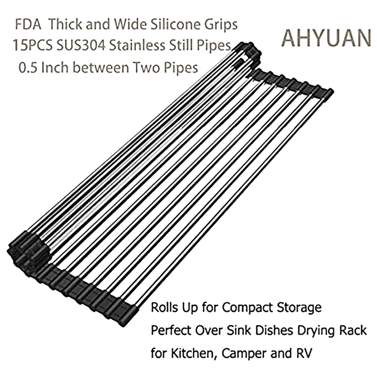 Ahyuan Roll up Dish Drying Rack Over The Sink Kitchen Roll up Sink Drying Rack Stainless Still Portable Drainer Foldable Dish Rack (Black, 17.8''X11.8'')
