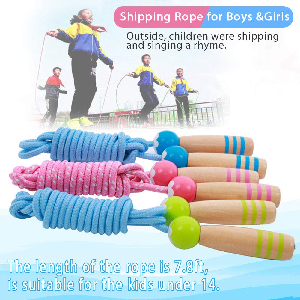 Jump Rope Kids, 7ft Adjustable Cotton Skipping Rope with Wooden Handle for Boys and Girls Fitness Outdoor Exercise (Pink+Blue)