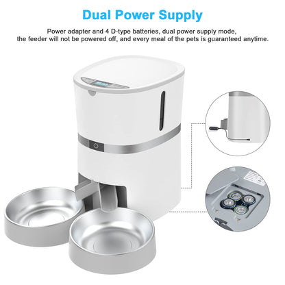 Automatic Cat Feeder, Smart Pet Food Dispenser with APP Control, WiFi Enabled Automatic Feeder for Dogs & Cats, Double Stainless Steel Bowls,6 Meals Portion Control and Voice Recording (S36D-W)
