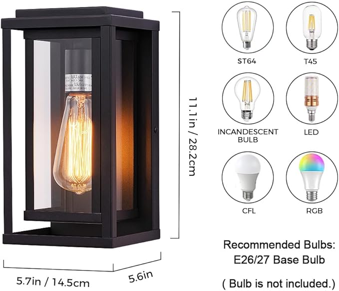 Cerdeco 12” Modern Outdoor Wall Sconce with Rectangular Metal Frame and Transparent Glass Shade,Black Outdoor Lighting for Garage Porch Patio Pack of 2(ETL Listed)