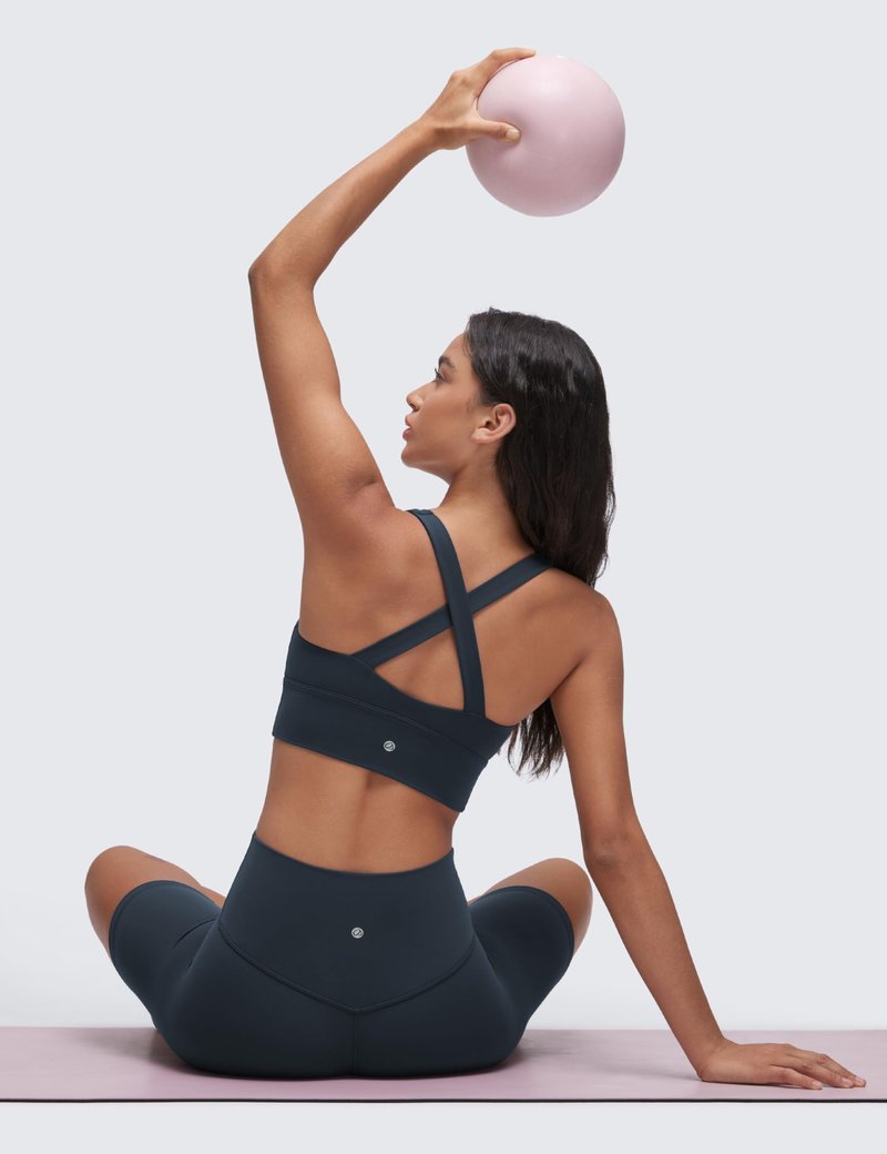 CRZ YOGA Butterluxe Ruched Longline Sports Bras for Women - V Neck Padded Yoga Tank Wide Straps Cross Back Crop Tops True Navy Small
