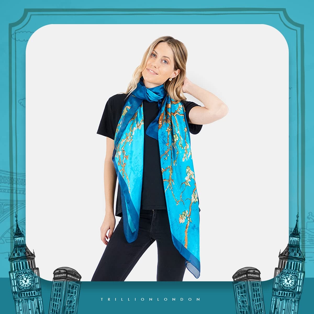 Trillion London® Spring Collection | Blue Floral Silk Neck Scarf For Women | Ladies Lightweight Scarves | Shawl Wraps | Suitable for Daily Life, Gifting | Smooth Soft Finish | Size - 180cm*90cm