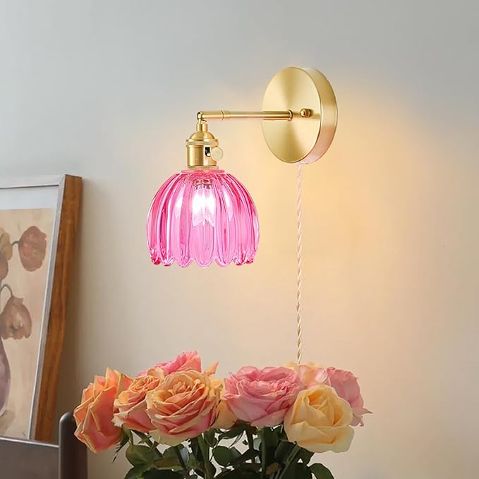 Plug in Wall Sconce, Vintage Sconce Light with Tulip Ruby Red Glass Lampshade, 180° Adjustable Wall Sconce with Switch and Plug in Wall Lamp Cord, Gold Wall Light for Bedroom Bedside
