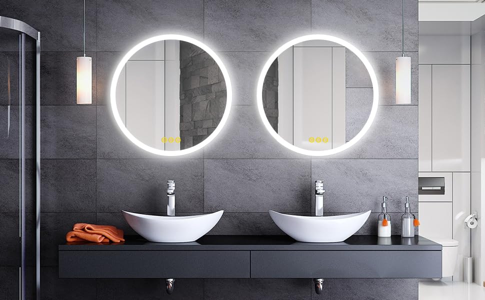 AI-LIGHTING Round Mirror with Lights Bathroom Mirror Wall Mounted 60cm Anti-Fog Color Change Dimmable Memory IP54