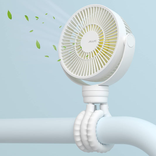 JISULIFE Mini Stroller Fan 4000mAh Battery Operated with 4 Speeds, Rechargeable 720°Rotatable, Clip on for Baby Carseat/Crib/Golf Cart/Treadmill -White