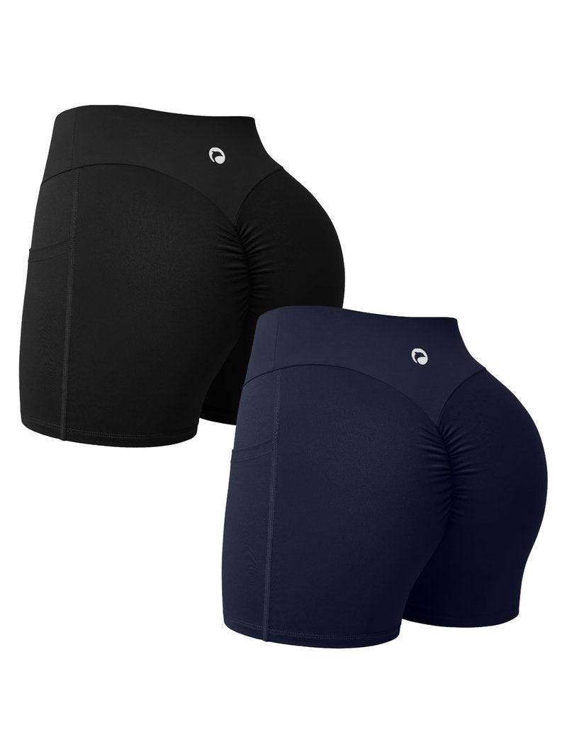 OQQ QQQ Women's High Waist Butt Lifting Workout Shorts Mini Shorts with Pockets Yoga Fitness Running Shorts 2 Pack Black Navy Blue