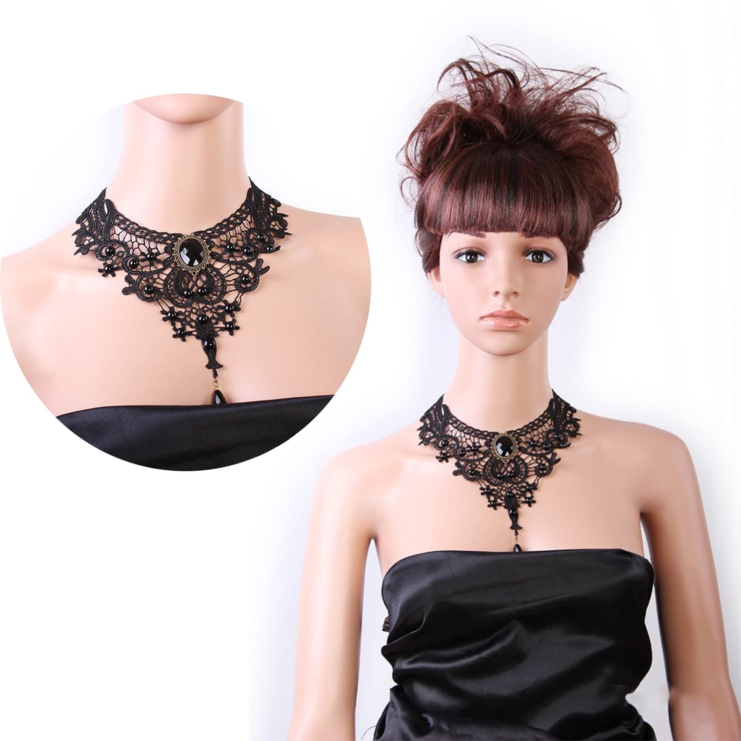 Faccubee 5 Pieces/Set Halloween Sexy Jewelry Women Lady Elegant Goth Gothic Steampunk Lace Choker Necklace Black Neck Chain Collar Statement with pendant Victorian Wedding Party Cosplay