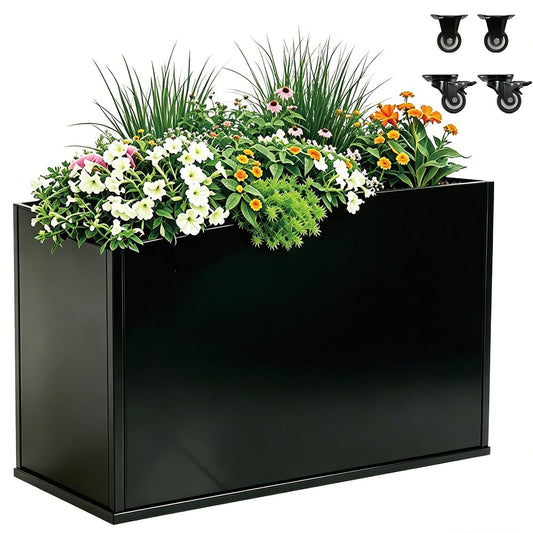 biubiusot Modern Metal Planter Box, Large Rectangular Planter for Outdoor Plants - Heavy Duty Tall Planter Box with Lockable Wheels Outdoor Planter for Porch/Patio/Garden (Black, 38"x12"x24.5")