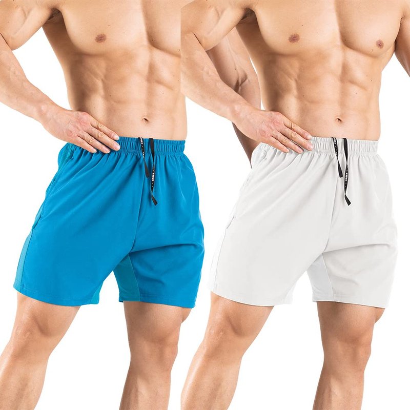 Gaglg Men's 5" Running Shorts 2 Pack Quick Dry Athletic Workout Gym Shorts with Zipper Pockets Light Blue/White,X-Large