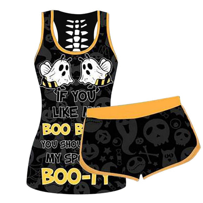 Pukdaswr Women's Halloween Sleeveless Tank Top Set If You Like My Pumpkin Printing Drawstring Shorts Stretch Bottoms Suits (Black, L)