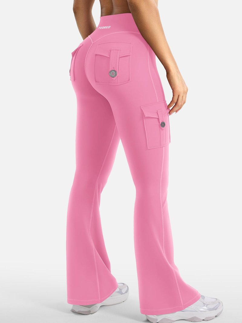 YEOREO CoreFlex Women Workout Flare Leggings with Pockets Hidden Scrunch High Waisted Cargo Gym Yoga No Front Seam Leggings Pink M