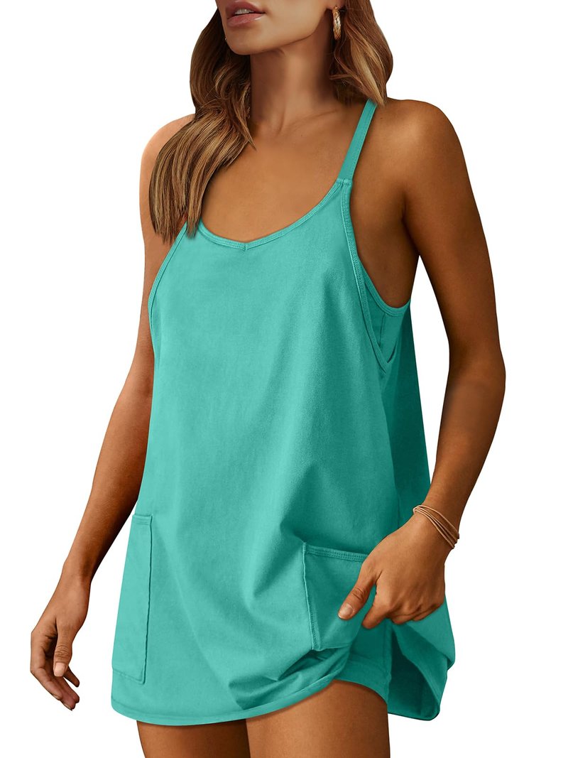 ANRABESS Women Athletic Dress Summer Tennis Workout Active Sports Mini Romper Dress Built in Shorts Travel Vacation Clothes Cyan X-Large